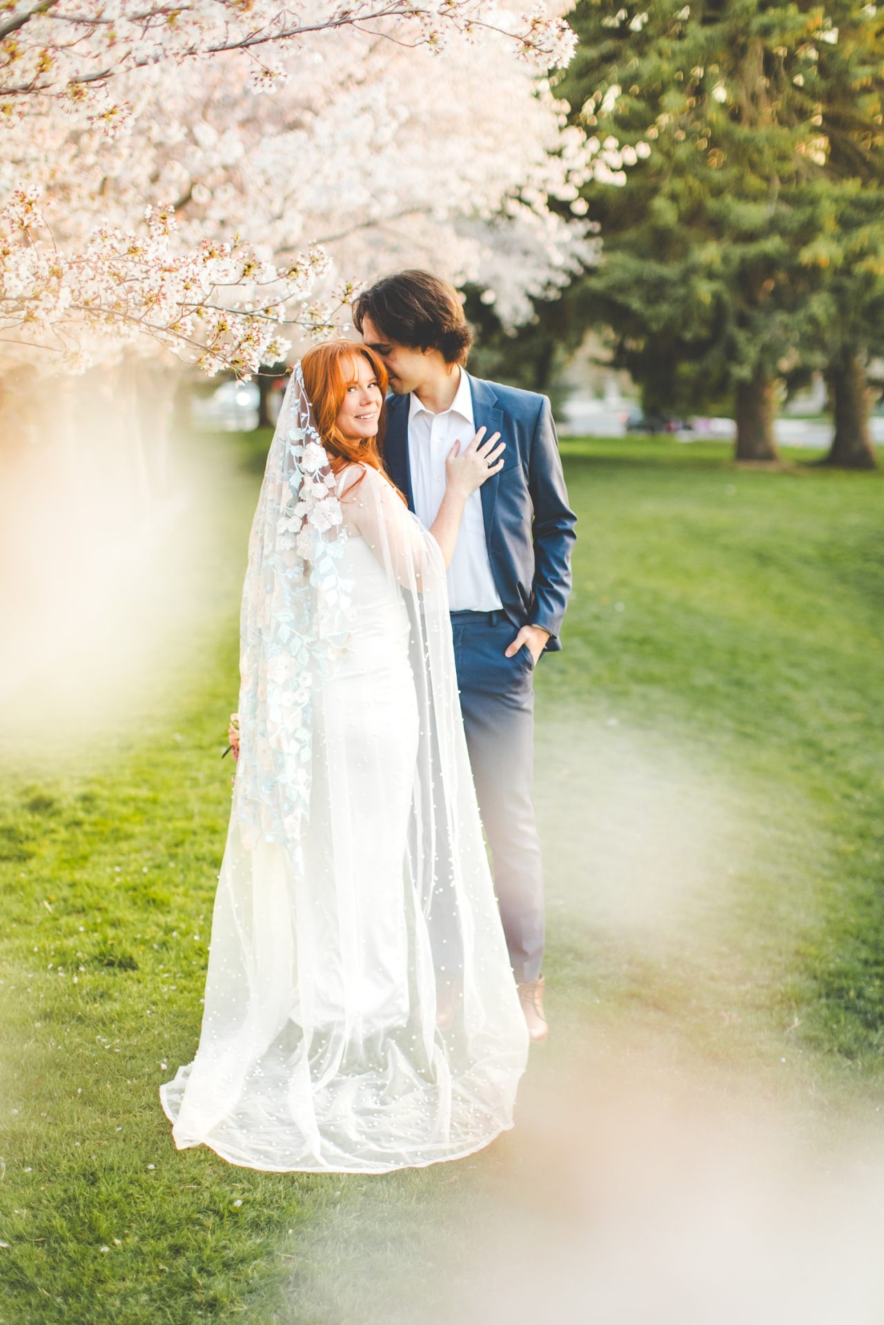 Golden Hour Bridal Portraits in SLC Cherry Blossoms 