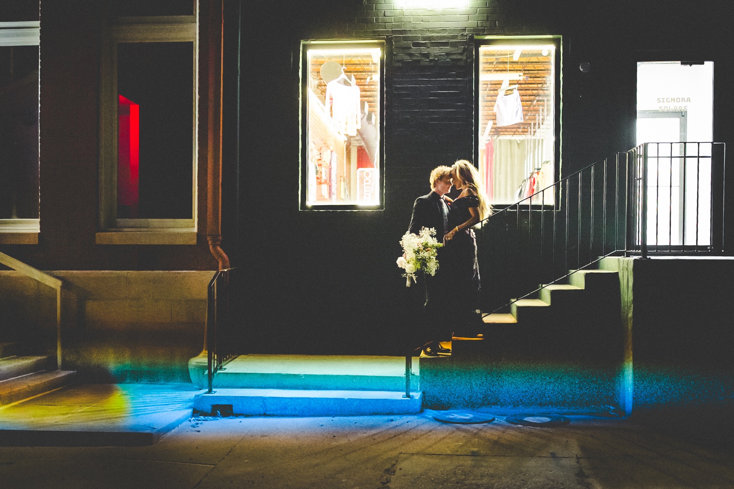 Colorful Night Engagement Photographs by Arkansas Wedding Photographer 