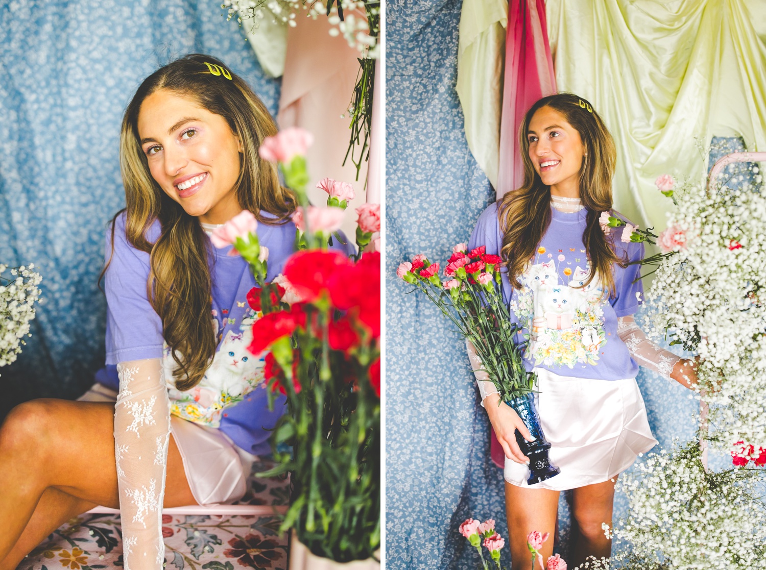 Cute Bookish Cat Lover Tee with Flowers by Opal and June