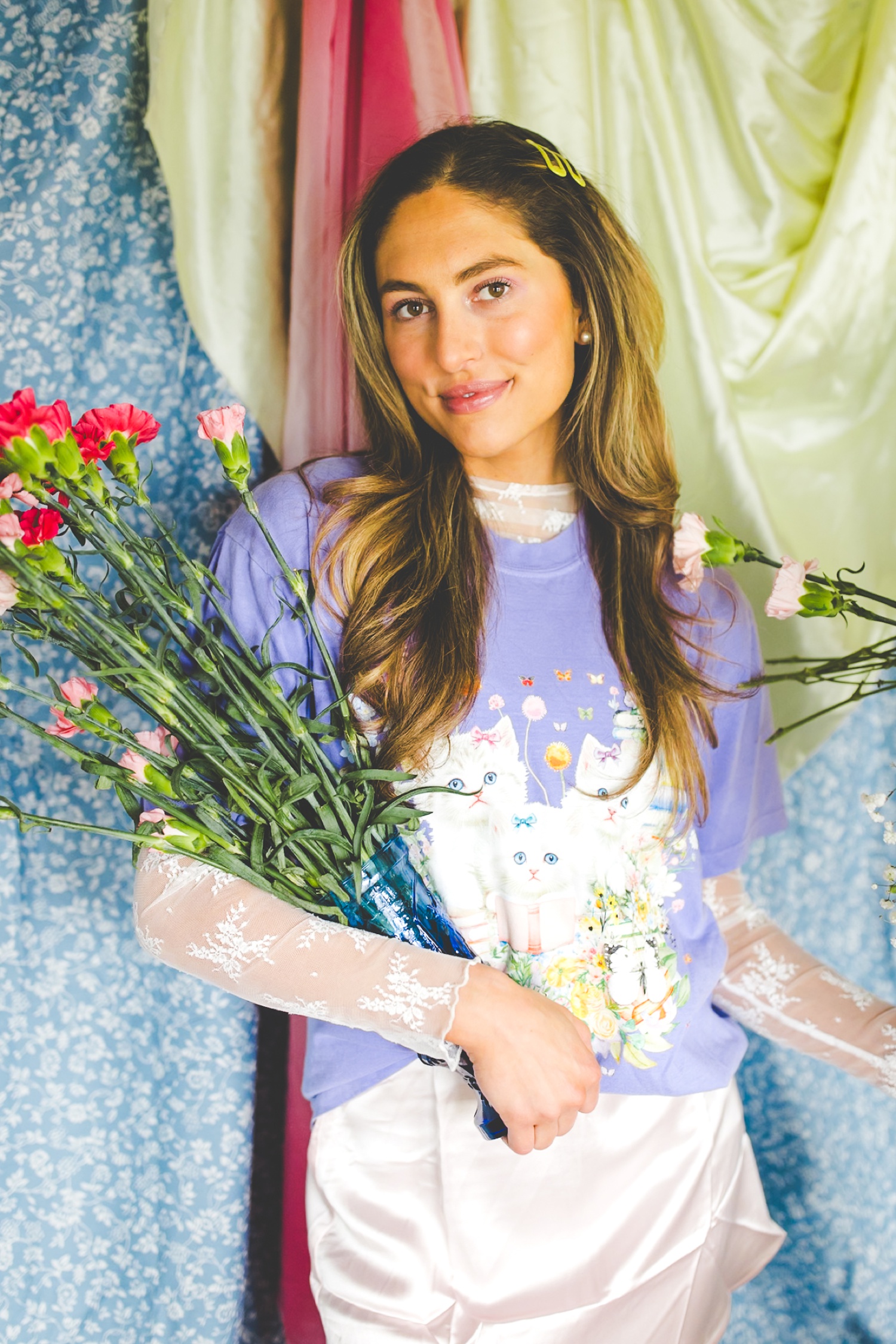 Cute Bookish Cat Lover Tee with Flowers by Opal and June